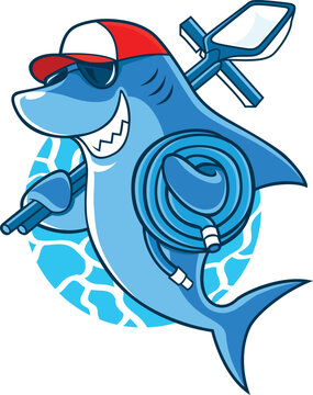 Swimming Pool Cleaning Service with Funny Shark Mascot