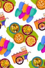 Filipino fiesta illustrated pattern with sorbetes cart, stews, pansit, and kiping leaf-shaped wafer layered