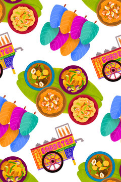 Filipino fiesta illustrated pattern with sorbetes cart, stews, pansit, and kiping leaf-shaped wafer layered