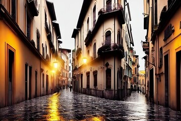 Naklejka na ściany i meble Street at night country, beautiful narrow street on a rainy day
