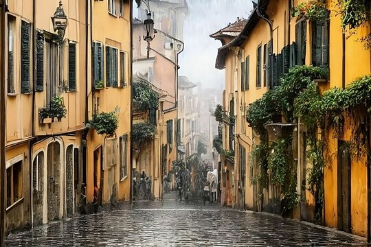 A beautiful street on a rainy day, old street path