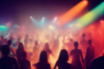 Fototapeta na wymiar Blurred background revelry shindig. Night party with people are having fun in colorful spotlight at a nightclub