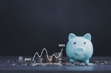 Cute pig piggy bank enjoy collecting coins at home during crisis. reduce expenses family family...