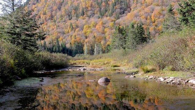Fall colors and water reflections at Jacques Cartier National Park. Quebec. Canada