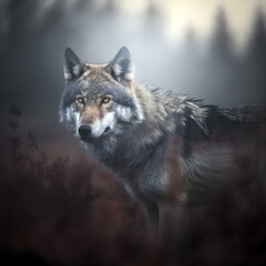 Wild Wolf  in Foggy Forest