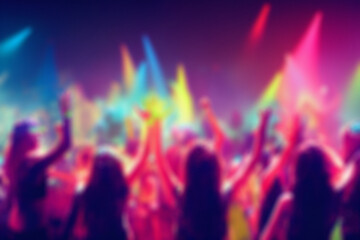 Blurred background revelry shindig. Night party with people are having fun in the rainbow spotlight at a nightclub 