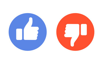 Likes and dislikes vector flat colorful icons. Design elements for smm, advertising, marketing, ui, ux, apps and more. Thumbs up and thumbs down circular emblems.