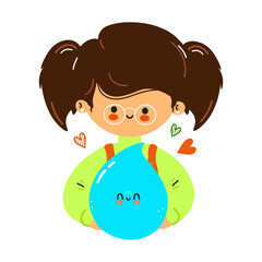 Young cute funny girl hold water drop in hand. Girl hugs cute water drop. Vector hand drawn doodle style cartoon character illustration icon design. Isolated on white background