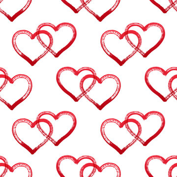 Red heart couple vector, love relationship symbol, Valentine's Day or wedding holiday wrapping paper design. Red paint outline hearts couple. Cute ink painted two hearts joined together seamless print