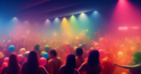 Fototapeta na wymiar Blurred background revelry shindig. A balloon party with people are having fun in colorful spotlight at a nightclub 