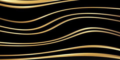 Abstract banner design template black glossy with wavy golden line and lighting effect on dark background.