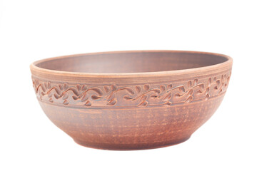 Stylish brown clay bowl isolated on white background