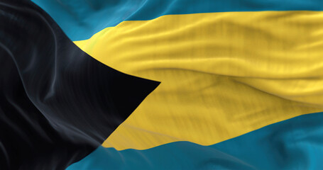 Close-up view of the Bahamas national flag waving in the wind