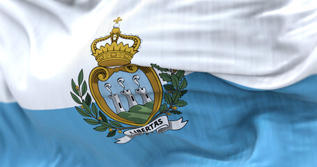 Close-up view of the San Marino national flag waving in the wind