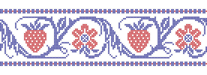 Cross-embroidered border pattern with flowers and strawberries - 552627528