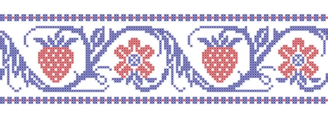 Fotobehang Cross-embroidered border pattern with flowers and strawberries © natbasil