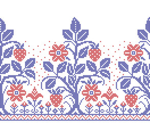 Embroidered cross-stitch seamless border pattern with strawberry plant and flowers - obrazy, fototapety, plakaty