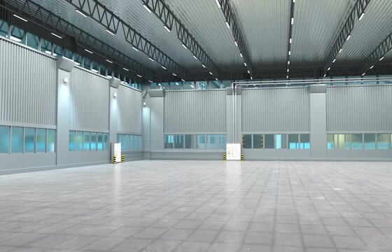 Panorama of the industrial building from the inside. An empty room with high ceilings. A room for industrial production. Commercial real estate 3d image