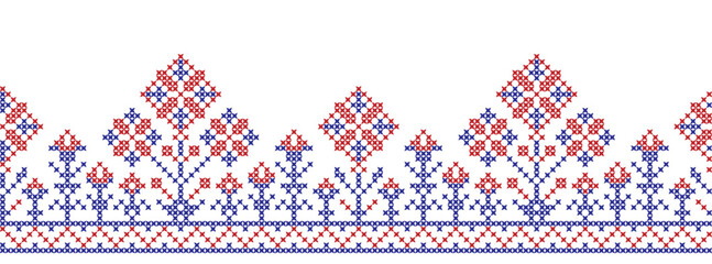 Embroidered cross-stitch seamless border pattern with flowers