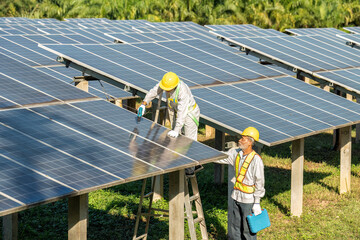In village greenery tree maintenance engineer as team carry ladder check inspection solar panel