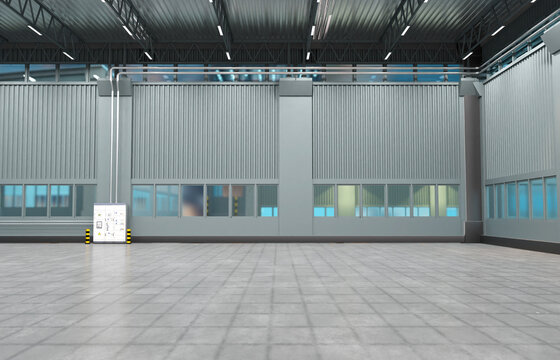 Empty warehouses. Empty hangar. Buildings for industrial purposes. Hangar with high ceilings. 3d image