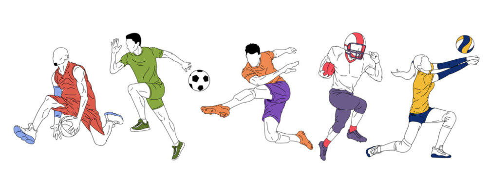 Set of vector illustrations. People, sportsmen training over white background. Basketball, football, soccer, volleyball and running athletes