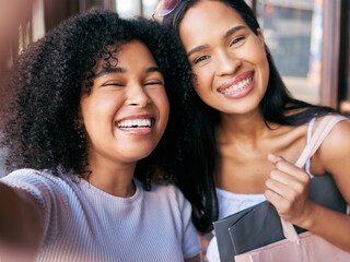 Friends, selfie and shopping date with black women, smile and happiness together with retail, sale and discount at shopping mall. Portrait, happy in photograph and freedom, customer and shop outdoor