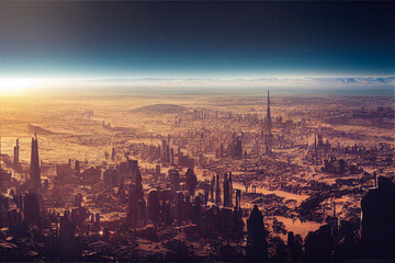 city on an alien planet, extraterrestrial buildings in beautiful landscape