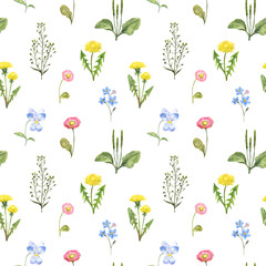 A watercolor floral seamless pattern featuring yellow dandelion, pink daisy, and blue forget-me-not. Botanical wallpaper on white background.