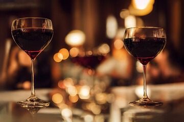Several glasses of red wine in a restaurant. A joyful moment of celebration.