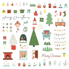 Fototapeta na wymiar Set of New Year and Christmas elements: Christmas trees, boxes with gifts, houses, garlands, chair, fireplace, window with a landscape, furniture, candlesticks, stars, bows, New Year decorations
