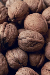 Walnuts with and without shells as background.