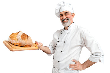 Chef-cooker in chef's hat and jacket working in bakery, holding French bread board with bread. Senior professional baker man wearing chef's outfit. Character kitchener, pastry chef for advertising