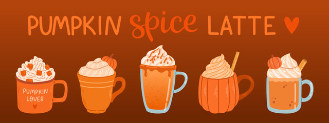 Pumpkin spice latte set. Vector for postcards, stickers, planner, check lists