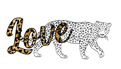 Love. Vector illustration for a t-shirt with the word Love and a leopard isolated on white 