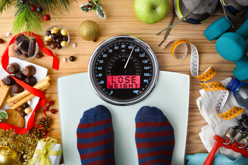 Person weighing on a scale after the Christmas holidays