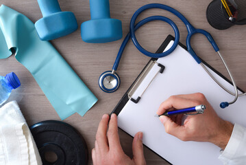 Sports doctor taking notes on table with stethoscope and tools