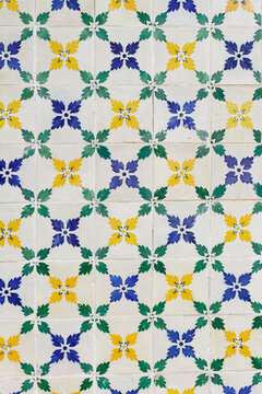 Decorative blue and yellow flower mosaic of tiles with leaves Vertical - Portuguese Azulejo 