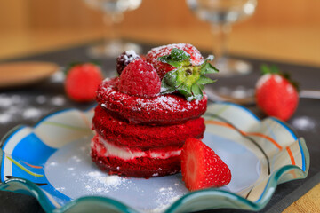 Tasty strawberry cake with whipped cream and with fresh strawberries. Pastry. Sweet tartlets dessert