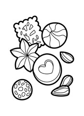 Vector outline illustration with different Christmas sweets isolated on white. Coloring page with holiday cookies for the design of a New Year's book.