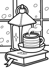 Vector contour illustration with a hot drink, a book and a lantern on the windowsill. Coloring page with a still life conveying a cozy winter atmosphere.