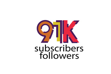 91K, 91.000 subscribers or followers blocks style with 3 colors on white background for social media and internet-vector