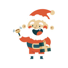 Santa Claus with gold bell vector cartoon Christmas character isolated on a white background.
