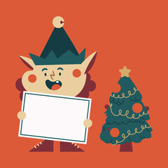 Elf with empty sign and Christmas tree vector cartoon illustration isolated on background.