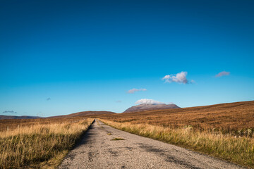 A clear autumnal HDR image of the landscape between Altnaharra and Hope, once the only road north, North Sutherland, Scotland
