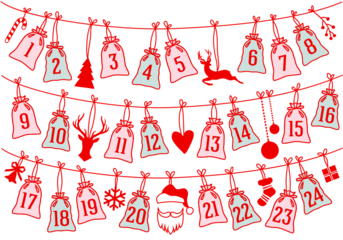 Advent calendar with Christmas bags, illustration over a transparent background, PNG image
