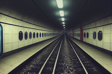 Obraz premium Subway underground tunnel with blurry rail tracks in metro gallery