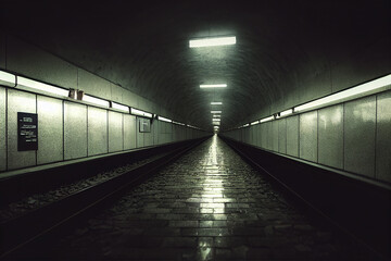 Subway underground tunnel with blurry rail tracks in metro gallery - obrazy, fototapety, plakaty