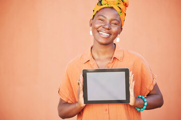 Tablet, portrait or black woman with mockup screen for branding, marketing or advertising space....