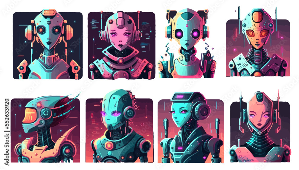 Poster robots set with cute screen faces. futuristic smart androids. flat illustration isolated on white ba